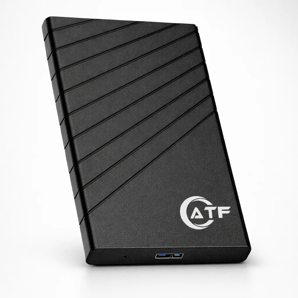 Matte black HDD enclosure with USB port.webp