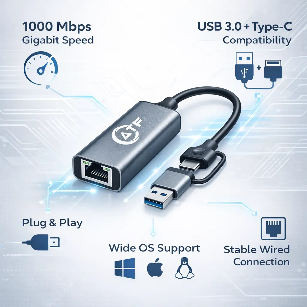 Gigabit LAN adapter with key features.webp