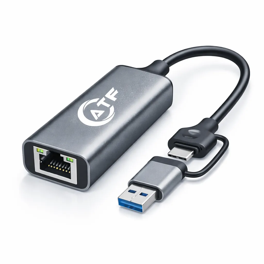 Compact Ethernet adapter with dual connectors.webp