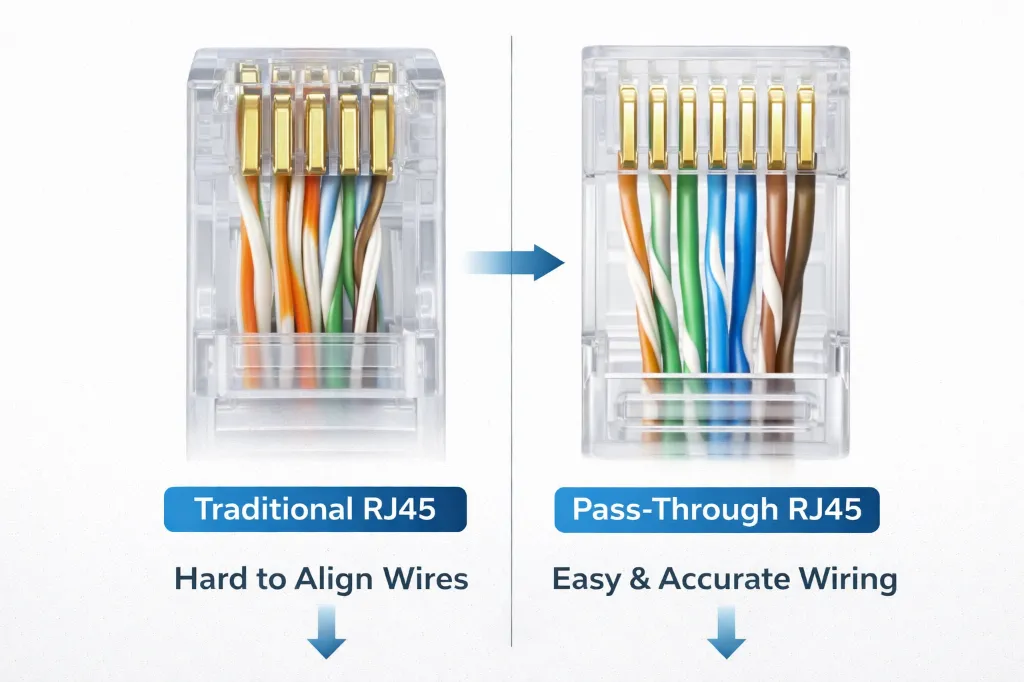 Traditional vs pass-through RJ45 connectors.webp
