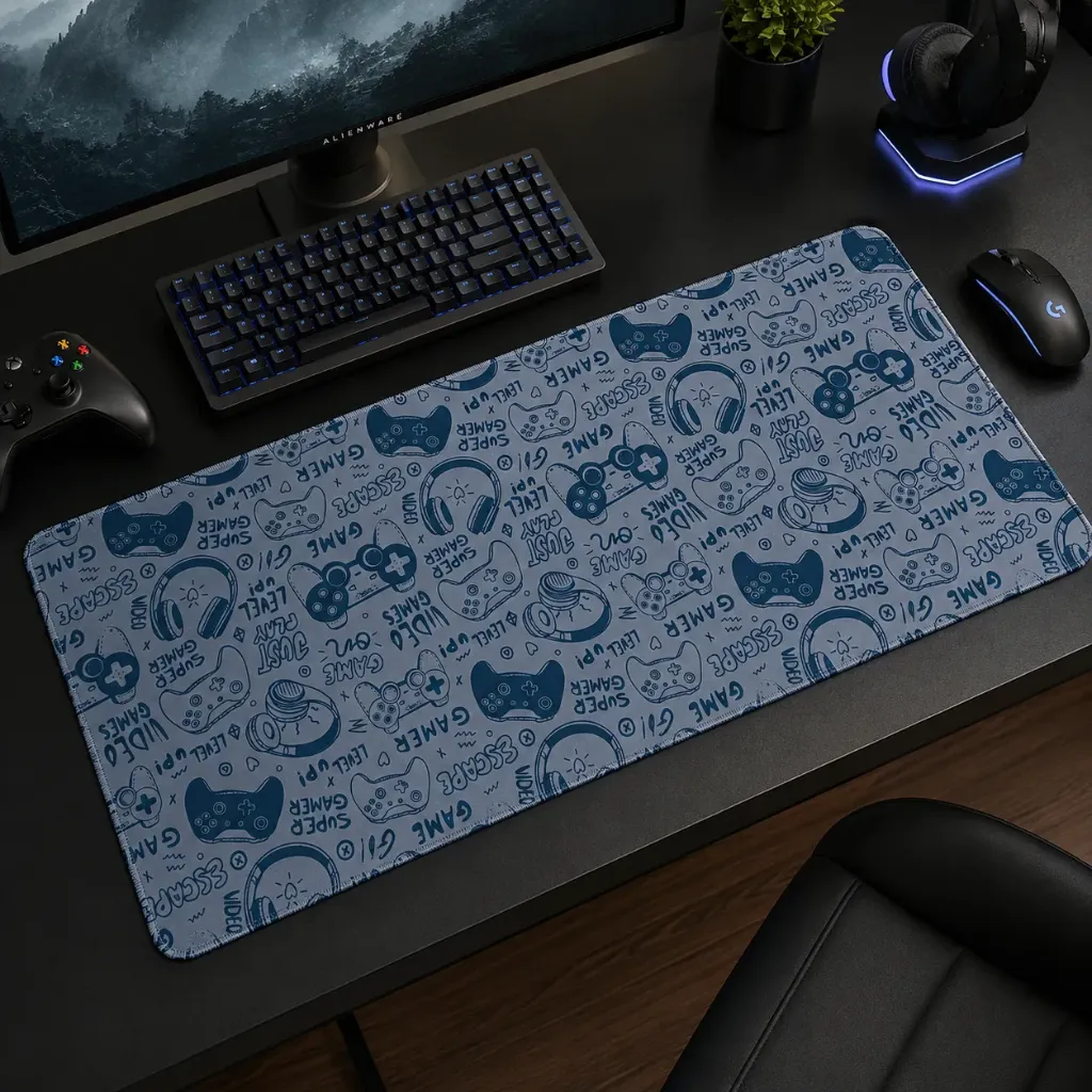 MCW Extended Gaming Mouse Pad with Blue Game Doodle Printed Design