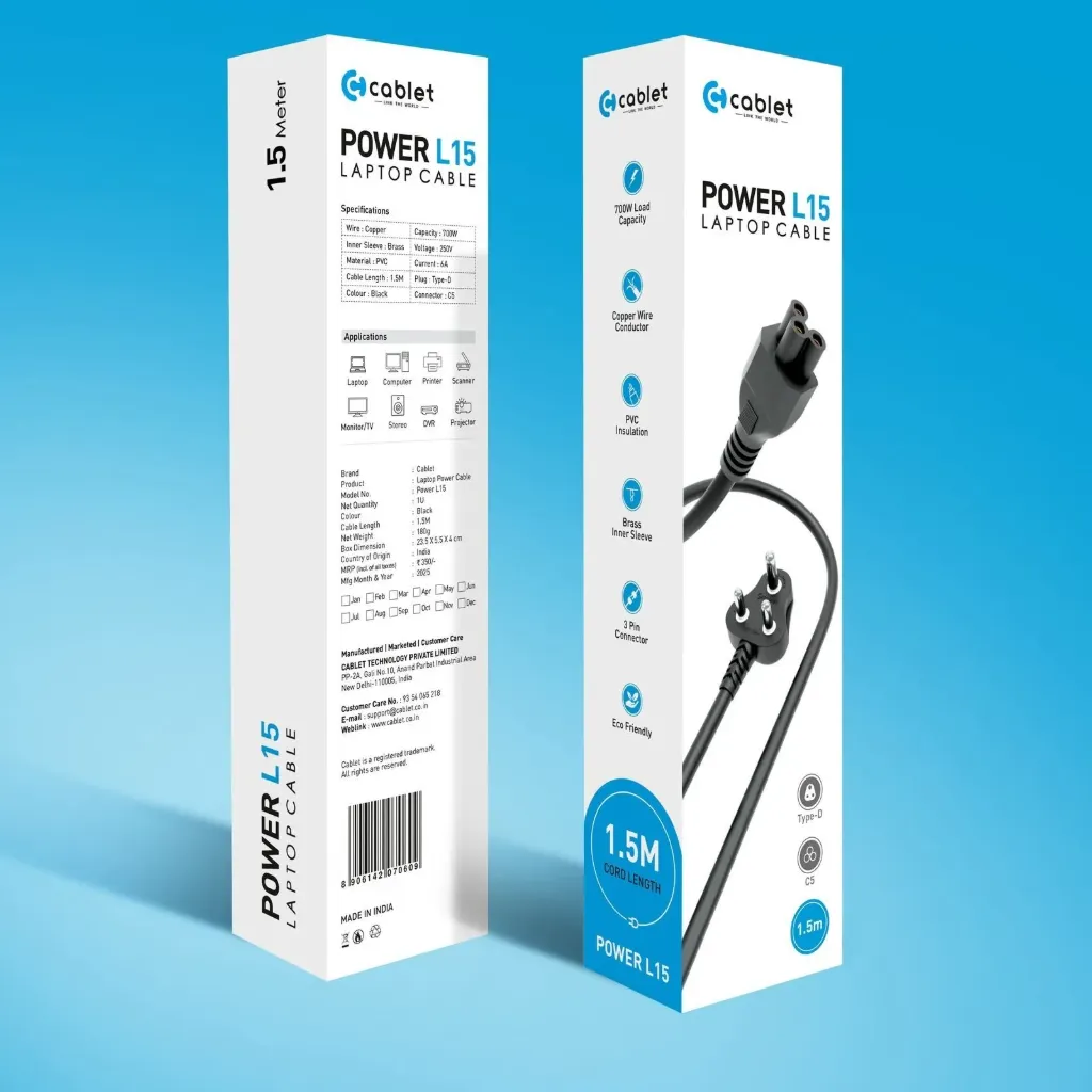 CABLET POWER L15 LAPTOP POWER CORD 1.5 MTR