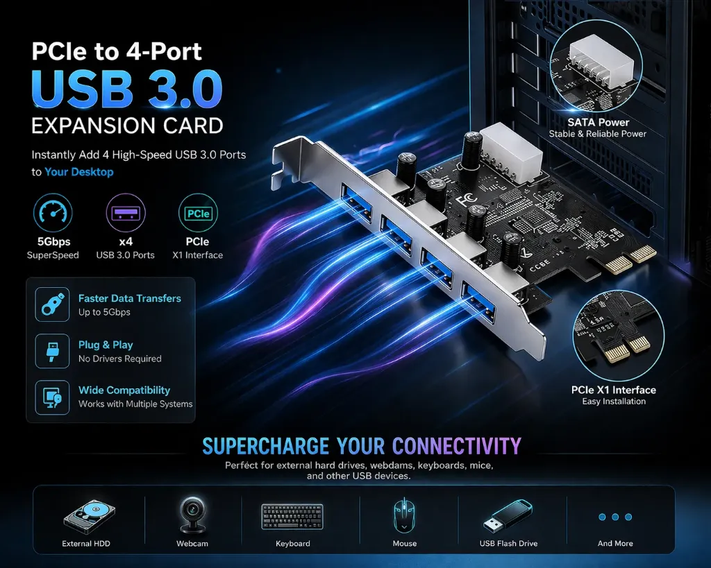 PCIe USB 3.0 Expansion Card – 4 Port High-Speed Adapter